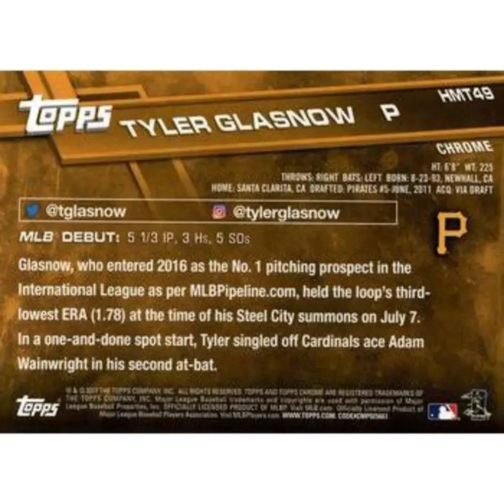 2017 Topps Chrome Update Tyler GlasnowÂ RD HMT49 Pittsburgh Pirates